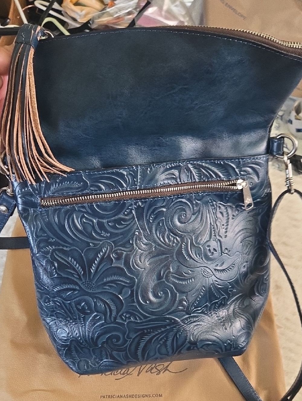 Patricia Nash Navy Embossed Leather Crossbody with Tan Tassel - Picture 4 of 14